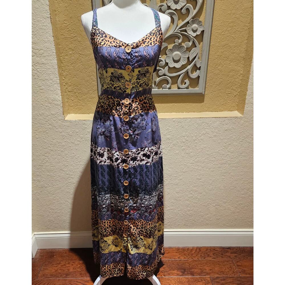 Angie M NWT Boho Patchwork Maxi Dress Tie Bach Festival Wonderlust Western Folk - Picture 2 of 13